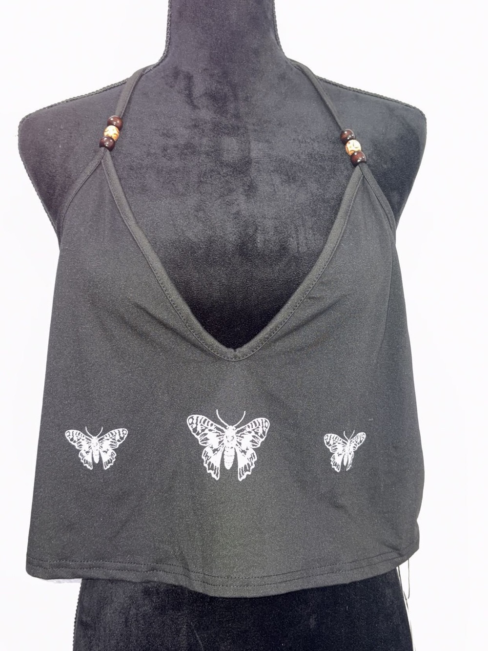 ROMWE Black Halter Crop Top with White Butterfly Prints
